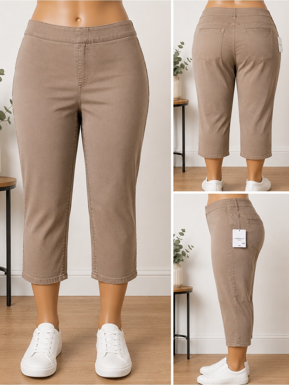 Westbound Woman 24W High Rise Crop Pants Tan Slim Leg Stretch Tummy Control